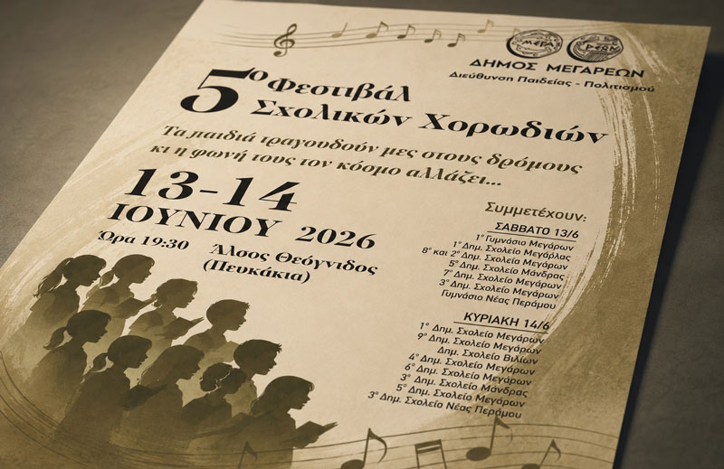 Το Σαββατοκύριακο 13-14 Ιουνίου το 5ο Φεστιβάλ Σχολικών Χορωδιών του Δήμου Μεγαρέων