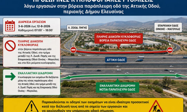  Προσωρινές κυκλοφοριακές ρυθμίσεις λόγω εργασιών στην βόρεια παράπλευρη οδό της Αττικής Οδού, περιοχής Δήμου Ελευσίνας